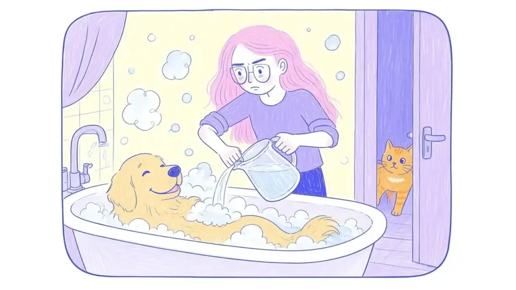 Ilustración de un golden retriever con espuma en el lomo dentro de una tina, junto a una mujer de pelo rosa y gafas que sostiene una jarra