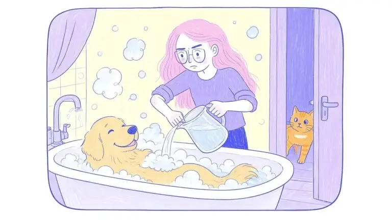 Ilustración de un golden retriever con espuma en el lomo dentro de una tina, junto a una mujer de pelo rosa y gafas que sostiene una jarra