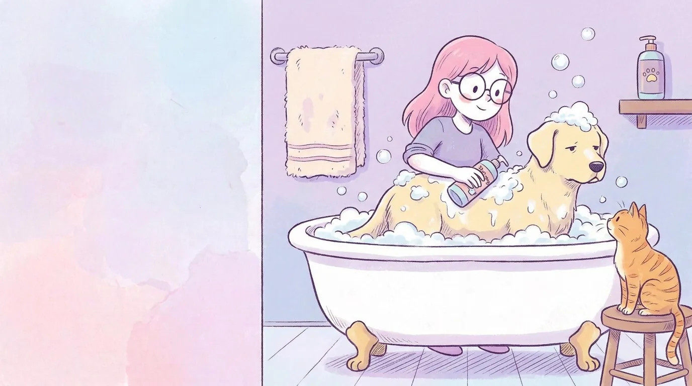 Ilustración: mila baña a Térra en una tina con espuma y burbujas, con toalla y champú para perros; Térra luce resignada pero tranquila