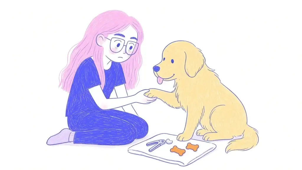 Ilustración de una mujer de pelo rosa con gafas sosteniendo con cariño la pata de un golden retriever mientras prepara el cortaúñas