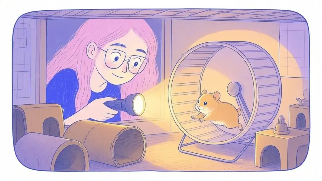 Ilustración de un hámster dorado corriendo en una rueda dentro de una jaula amplia, con una mujer de pelo rosa observando