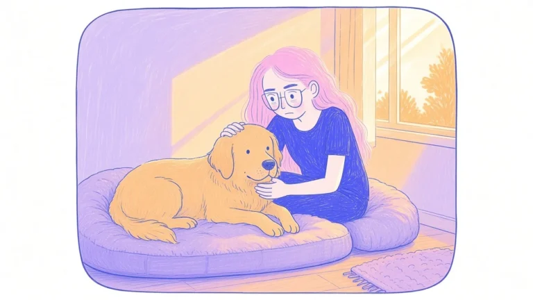 Ilustración de un golden retriever canoso descansando en una cama cómoda junto a una mujer de pelo rosa que lo acaricia con ternura