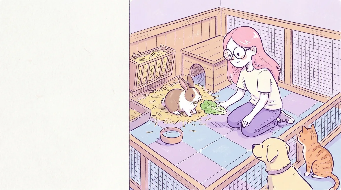 Ilustración: un conejo blanco y marrón come heno en un corral amplio dentro de casa, Mila le ofrece una hoja de lechuga romana