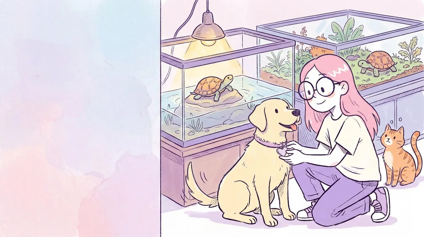Ilustración: mila observa un terrario con una tortuga de agua sobre una roca bajo una lámpara cálida y otra tortuga de tierra en un jardín