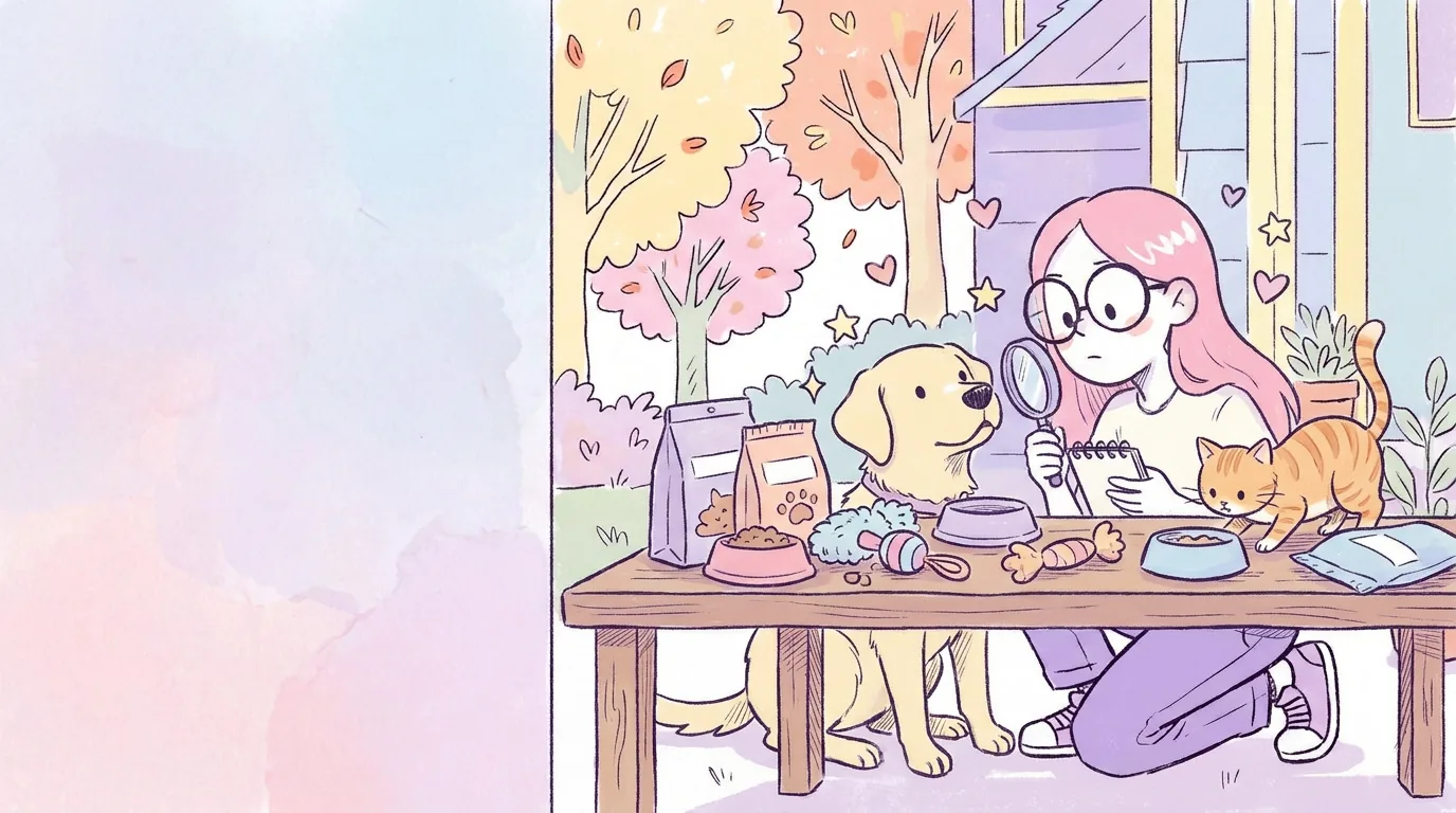 Ilustración: mila con lupa y libreta compara varios productos para mascotas sin marcas sobre una mesa, con Térra y el gato mirando