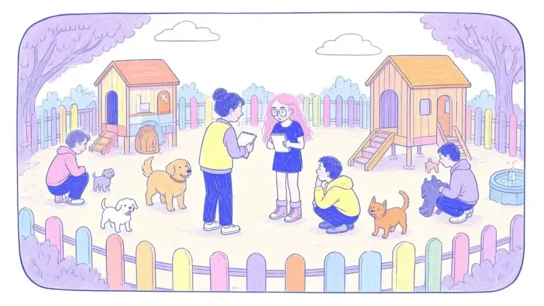 Ilustración de una mujer de pelo rosa visitando una guardería canina con perros jugando en un patio con un cuidador sin rostro detallado