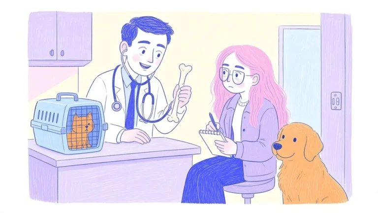 Ilustración de una mujer de pelo rosa conversando con un veterinario sin rostro detallado mientras su golden retriever espera sentado