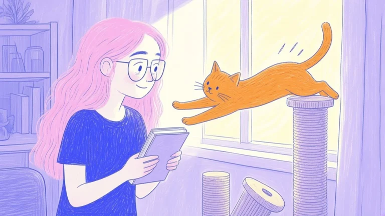 Ilustración de un gato naranja estirado sobre un rascador alto de cuerda con una mujer de pelo rosa que lo observa sonriendo
