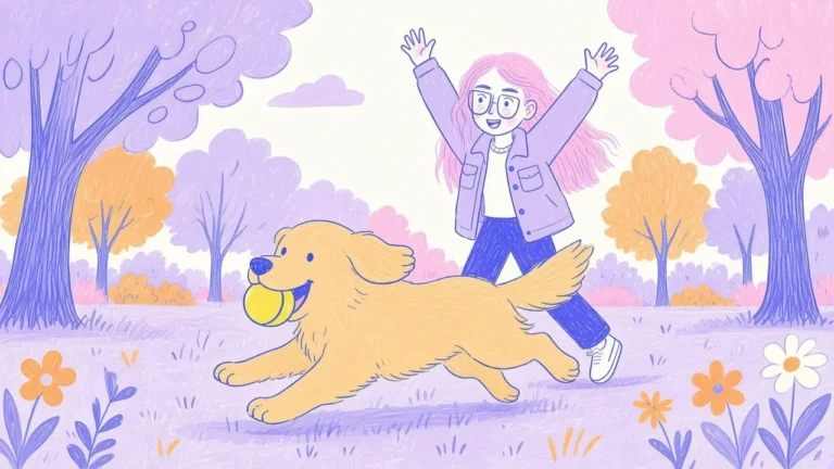Ilustración de un golden retriever sonriente con una pelota en la boca en un parque, junto a una mujer de pelo rosa y gafas
