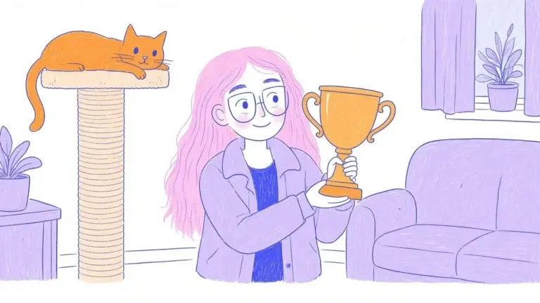 Ilustración de un gato naranja estirándose sobre un rascador alto junto a un sofá