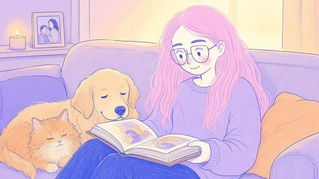 Ilustración de una mujer de pelo rosa hojeando un álbum de fotos junto a un golden retriever y un gato naranja dormidos