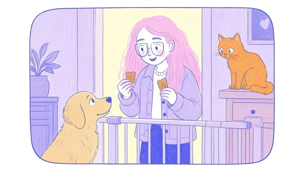Ilustración de un golden retriever y un gato naranja mirándose con curiosidad a través de una barrera infantil, con una mujer de pelo rosa sonriendo