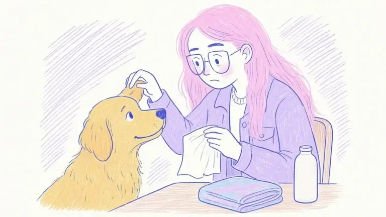 Ilustración de una mujer de pelo rosa revisando con cuidado la oreja de un golden retriever con una gasa en la mano