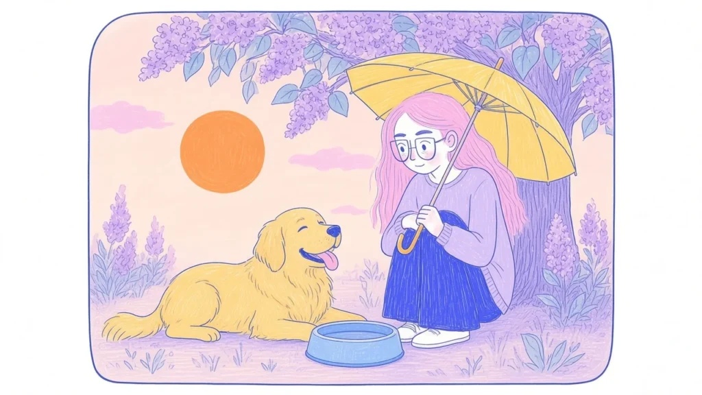 Ilustración de un golden retriever descansando bajo un árbol con un bol de agua mientras una mujer de pelo rosa le acerca una sombrilla