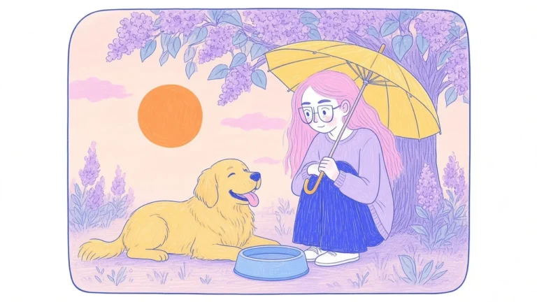 Ilustración de un golden retriever descansando bajo un árbol con un bol de agua mientras una mujer de pelo rosa le acerca una sombrilla
