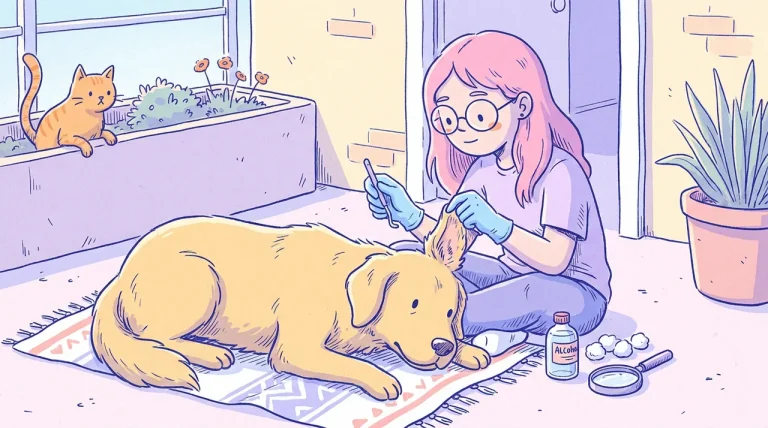 Ilustración de una mujer de pelo rosa con guantes desechables revisando con un gancho quitagarrapatas la oreja de su golden retriever recostado sobre una toalla, con alcohol, algodón y una lupa al lado