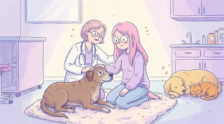 Ilustración serena de una mujer de pelo rosa arrodillada junto a un perro mayor de pelo marrón recostado sobre una manta en una consulta veterinaria, mientras una veterinaria apoya la mano en su hombro