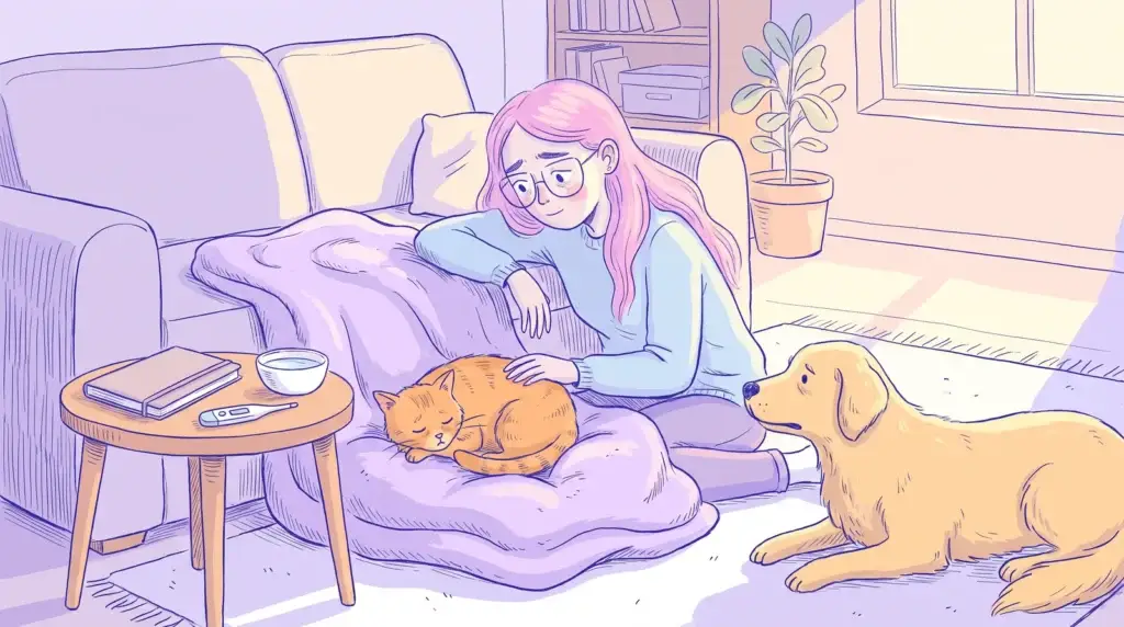 Ilustración de una mujer de pelo rosa y gafas redondas que cuida a un gato naranja decaído sobre una manta lavanda, con un termómetro digital en la mesa y un golden retriever atento
