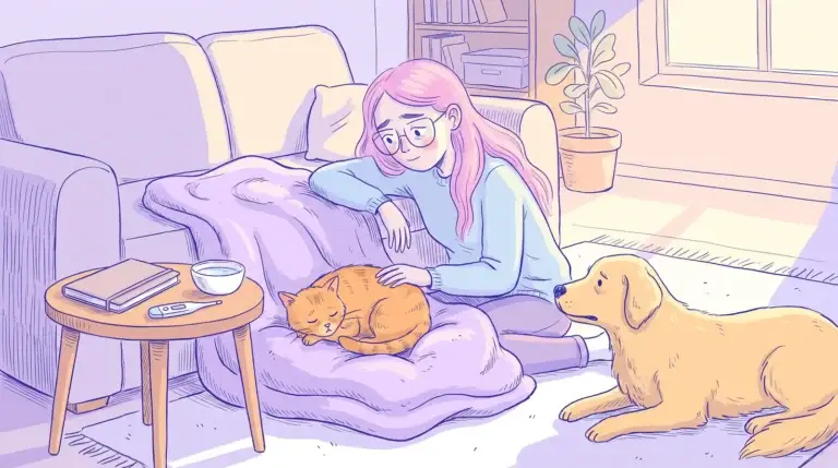 Ilustración de una mujer de pelo rosa y gafas redondas que cuida a un gato naranja decaído sobre una manta lavanda, con un termómetro digital en la mesa y un golden retriever atento