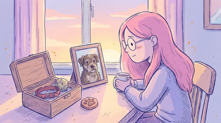 Ilustración de una mujer de pelo rosa sentada junto a la ventana al atardecer con una taza, mirando la foto enmarcada de un perro mayor de pelo marrón junto a una caja de recuerdos con su collar rojo