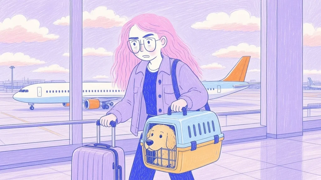 Ilustración de una mujer de pelo rosa y gafas con una transportadora donde asoma un golden retriever, frente a un avión pastel en el aeropuerto