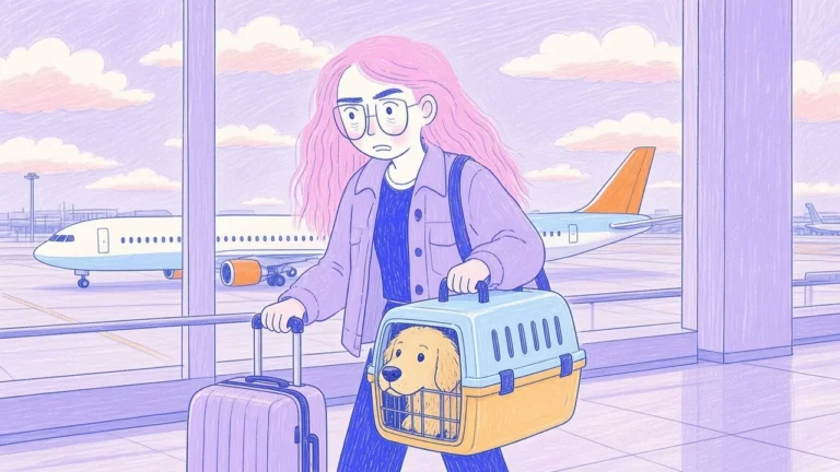 Ilustración de una mujer de pelo rosa y gafas con una transportadora donde asoma un golden retriever, frente a un avión pastel en el aeropuerto