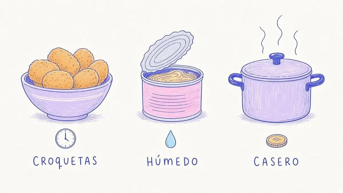 Comparativa de croquetas, alimento húmedo y comida casera Infografía ilustrada con tres columnas que comparan croquetas, alimento húmedo y comida casera con íconos de ventajas