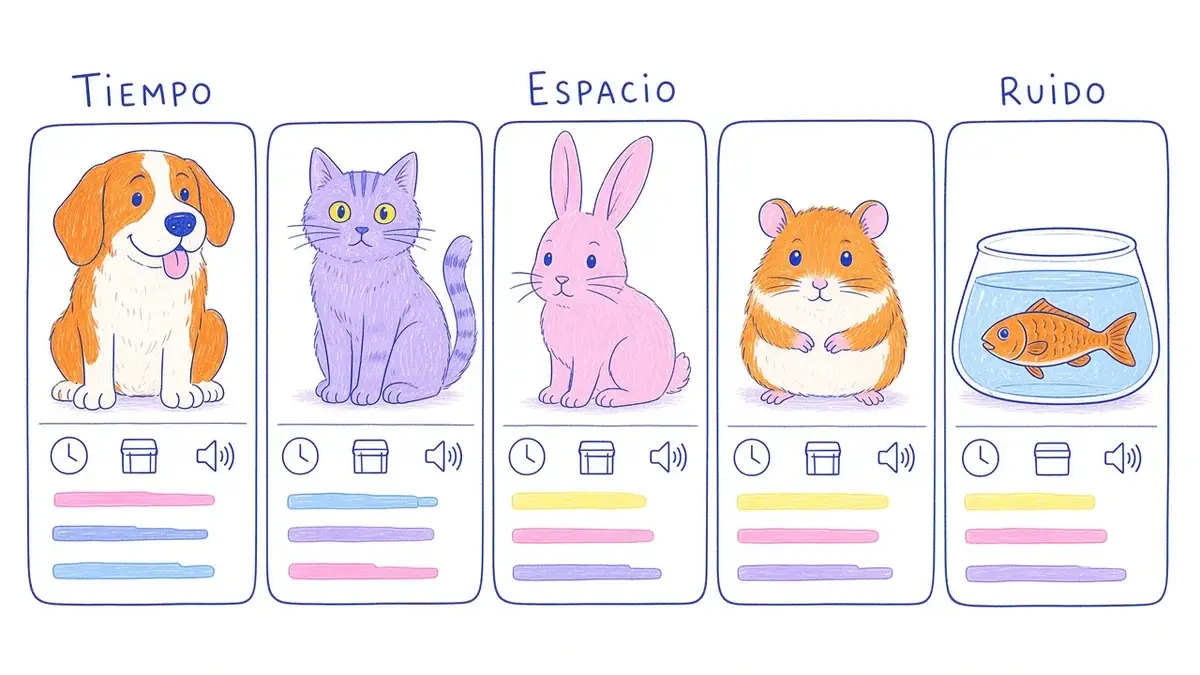 Infografía ilustrada que compara perro, gato, conejo, roedor y peces según tiempo, espacio y ruido