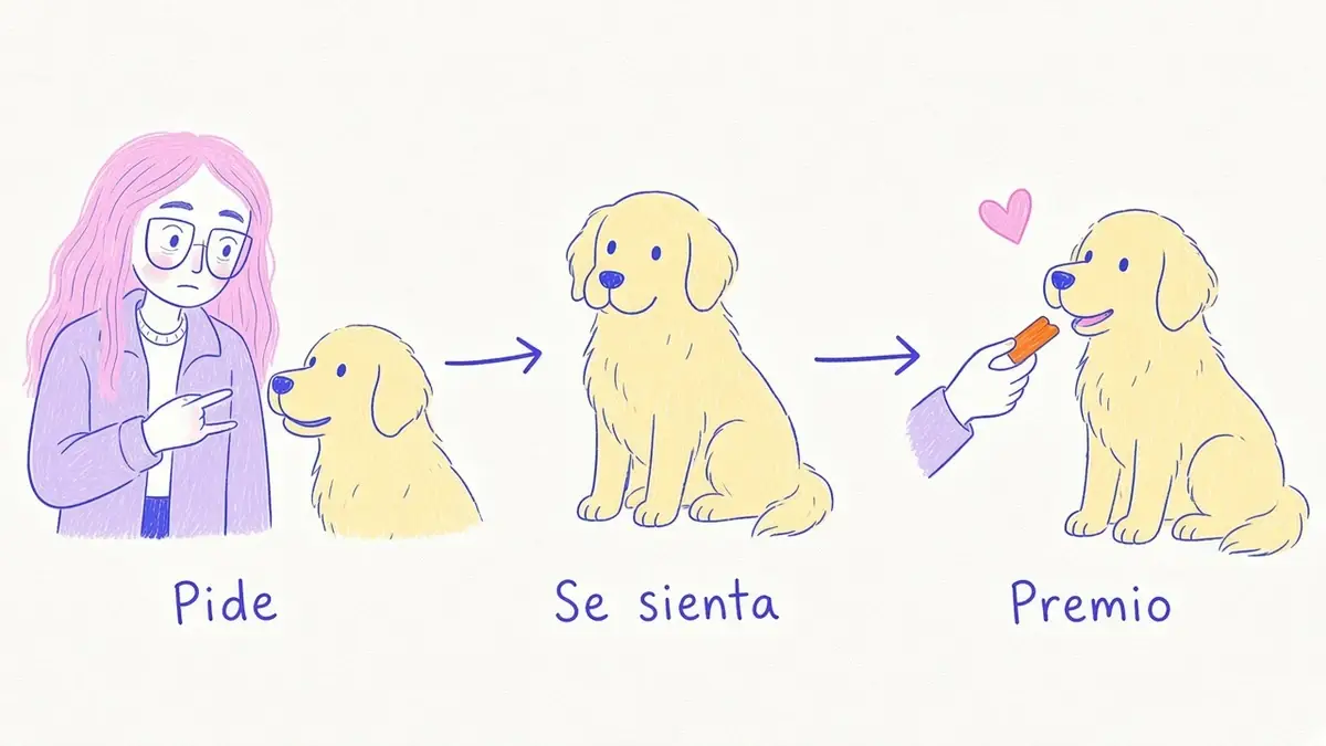 Infografía ilustrada con tres pasos: pedir, conducta y premio