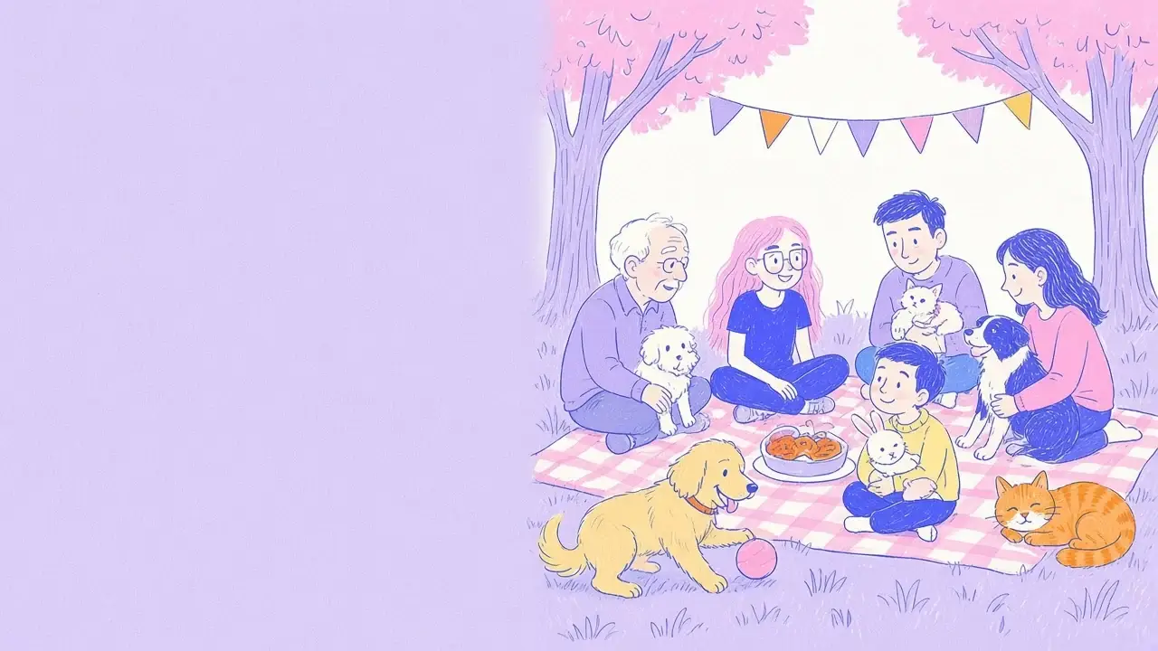 Ilustración de un grupo de personas de distintas edades de pícnic en un parque con sus perros y gatos, con una mujer de pelo rosa, un golden retriever y un gato naranja