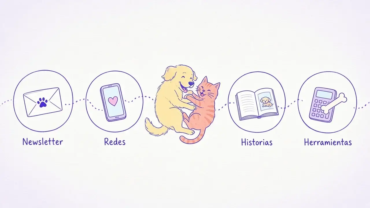 Infografía ilustrada con cuatro formas de participar en la comunidad: newsletter, redes sociales, historias y herramientas