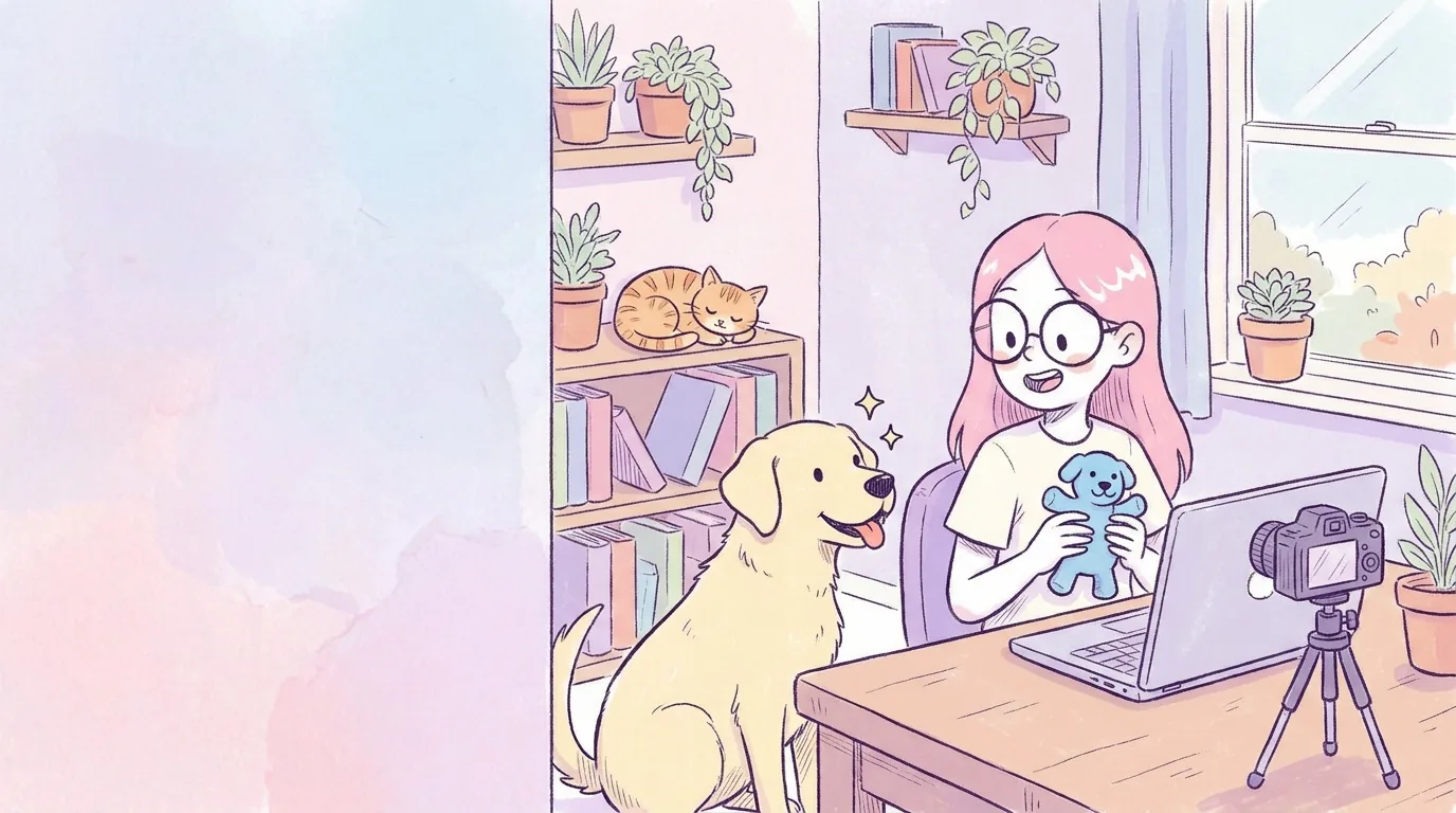 Ilustración: mila trabajando en un escritorio con laptop y cámara, junto a Térra, preparando una reseña honesta de un juguete para perros sin marcas