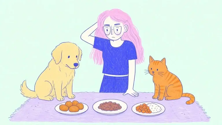 Ilustración de tres platos con croquetas, alimento húmedo y comida casera frente a un golden retriever y un gato naranja