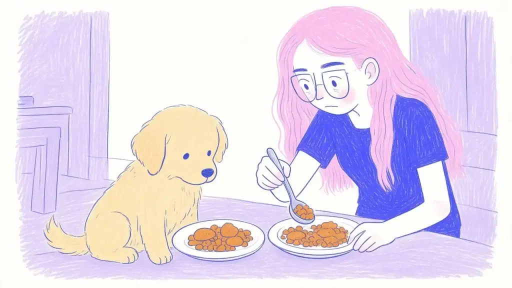 Ilustración de un golden retriever joven frente a dos platos con croquetas de distinto tamaño y una mujer de pelo rosa que mezcla ambos