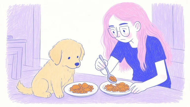 Ilustración de un golden retriever joven frente a dos platos con croquetas de distinto tamaño y una mujer de pelo rosa que mezcla ambos