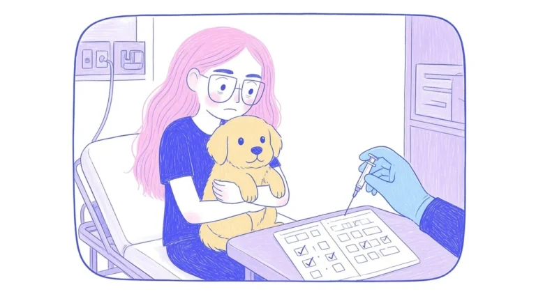 Ilustración de un cachorro golden retriever en brazos de una mujer de pelo rosa mientras un veterinario sin rostro detallado prepara una vacuna