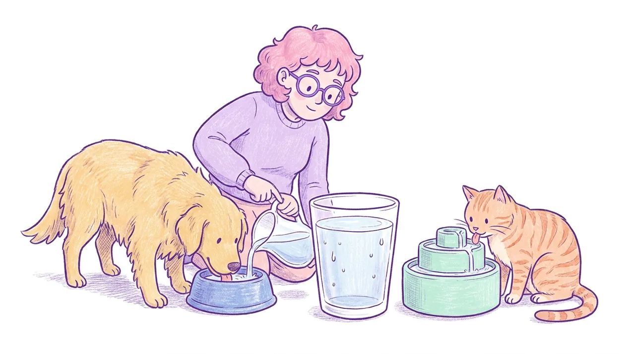Ilustración de un golden retriever bebiendo de un bebedero y un gato naranja junto a una fuente de agua, con gotas y un vaso medidor