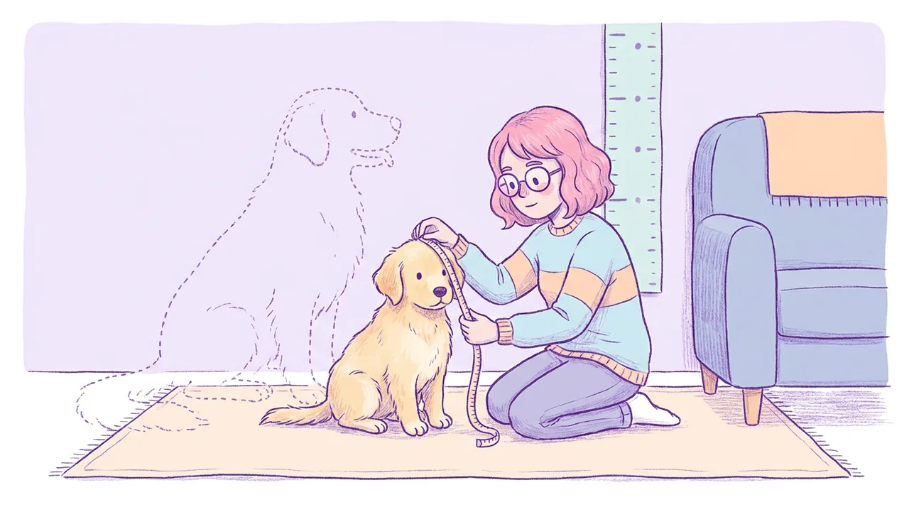 Ilustración de un cachorro junto a la silueta de su versión adulta y una regla de crecimiento, con su dueña de pelo rosa