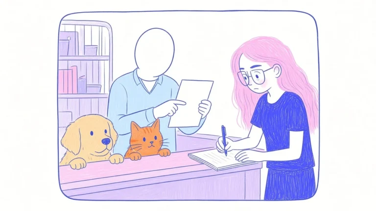 Ilustración de una mujer de pelo rosa con una libreta frente a un mostrador de refugio con un golden retriever y un gato naranja