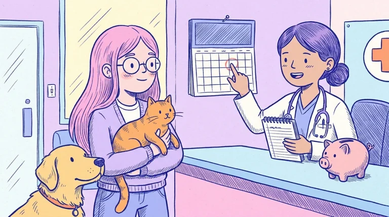 Ilustración de una mujer de pelo rosa y gafas redondas con su gato naranja en brazos y su golden retriever al lado en la recepción de una veterinaria, mientras el veterinario señala una fecha en el calendario y hay una alcancía sobre el mostrador