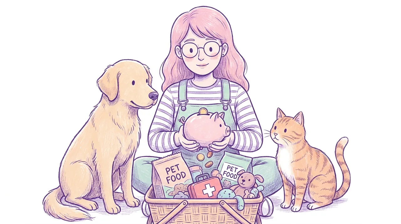Ilustración de una mujer de pelo rosa con una calculadora y una alcancía de cerdito junto a un golden retriever y un gato naranja
