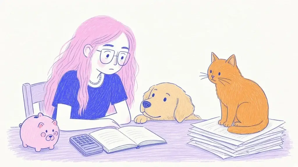 Ilustración de una mujer de pelo rosa con una libreta y calculadora rodeada de un golden retriever y un gato naranja