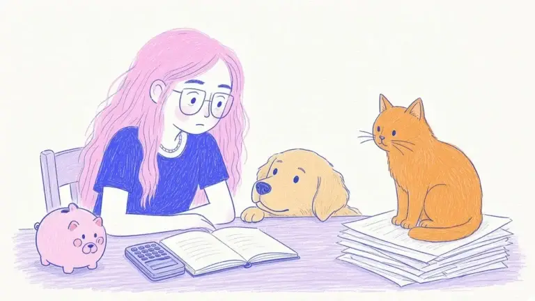Ilustración de una mujer de pelo rosa con una libreta y calculadora rodeada de un golden retriever y un gato naranja