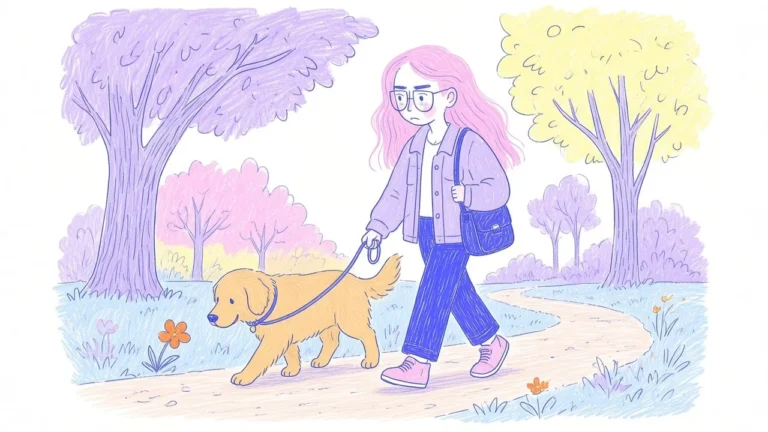Ilustración de una mujer de pelo rosa y gafas paseando a un golden retriever por un parque pastel con árboles y un camino sinuoso