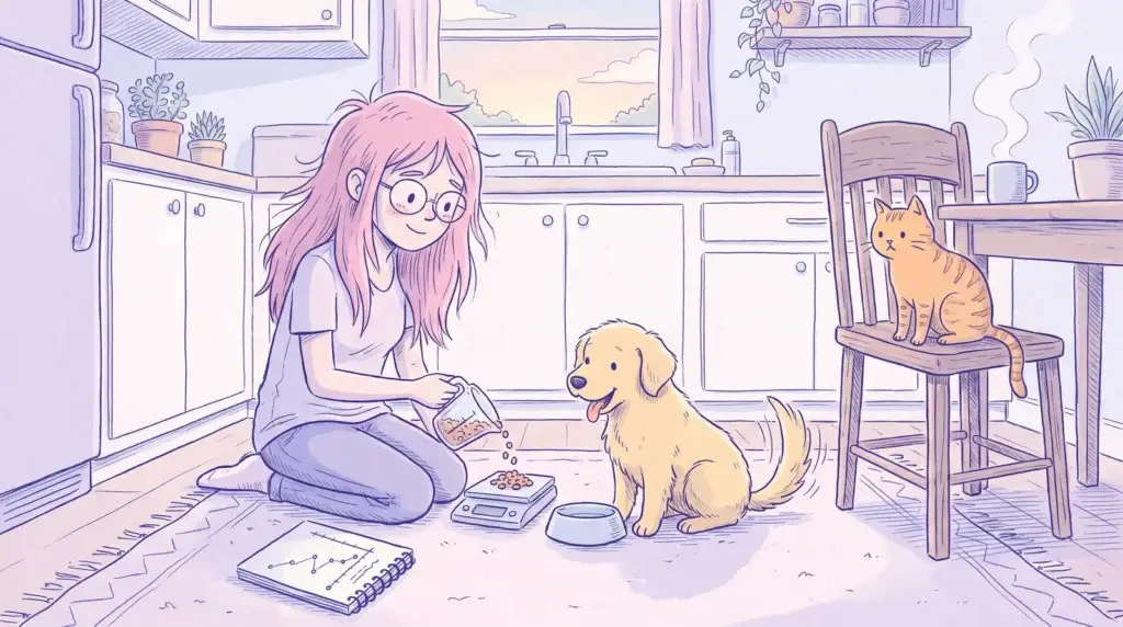 Ilustración de una mujer de pelo rosa y gafas redondas que pesa croquetas en una báscula de cocina mientras un cachorro golden retriever espera junto a su plato y un gato naranja mira desde una silla