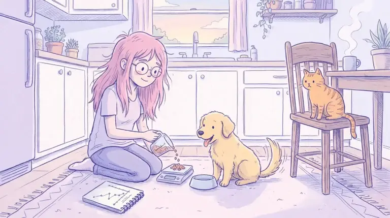 Ilustración de una mujer de pelo rosa y gafas redondas que pesa croquetas en una báscula de cocina mientras un cachorro golden retriever espera junto a su plato y un gato naranja mira desde una silla