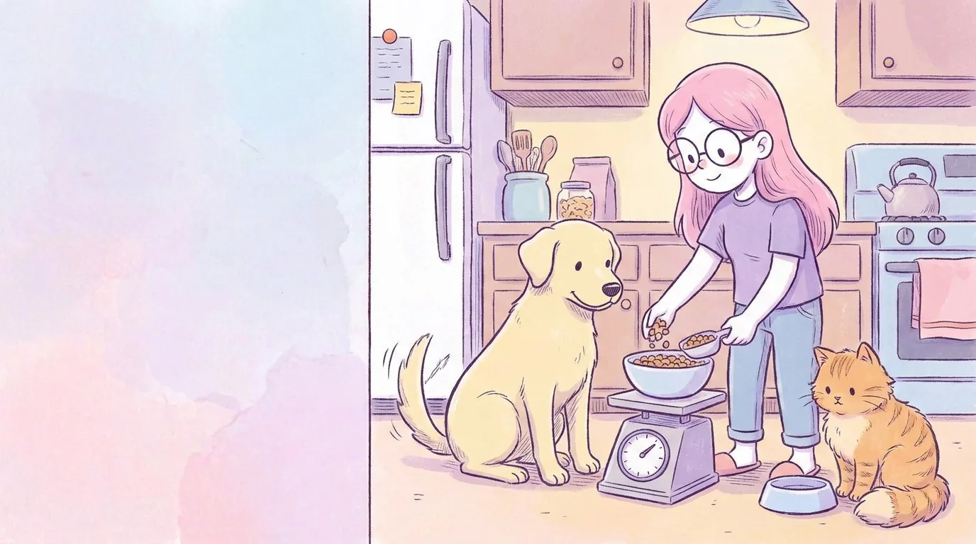 Ilustración: mila mide croquetas con una taza medidora junto a una báscula mientras Térra espera sentada con la cola moviéndose; un gato naranja mira su propio plato