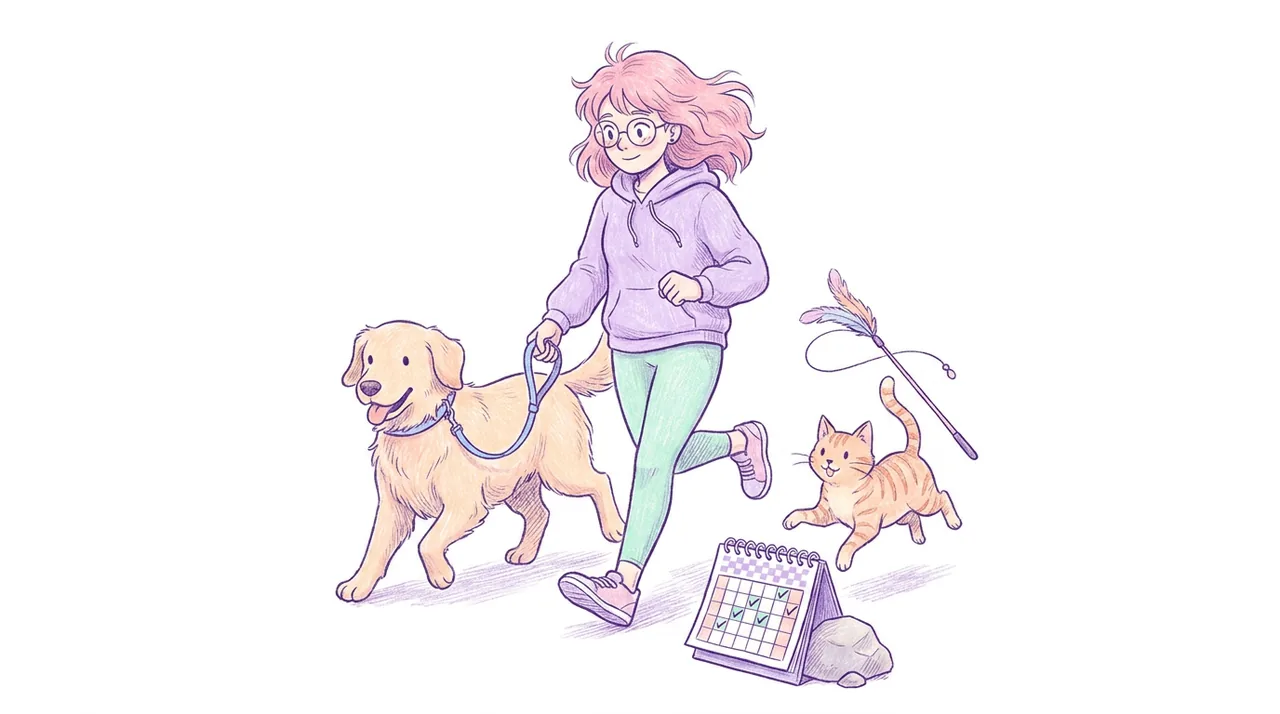 Ilustración de una mujer de pelo rosa trotando en el parque con un golden retriever con correa mientras un gato naranja persigue una caña con plumas