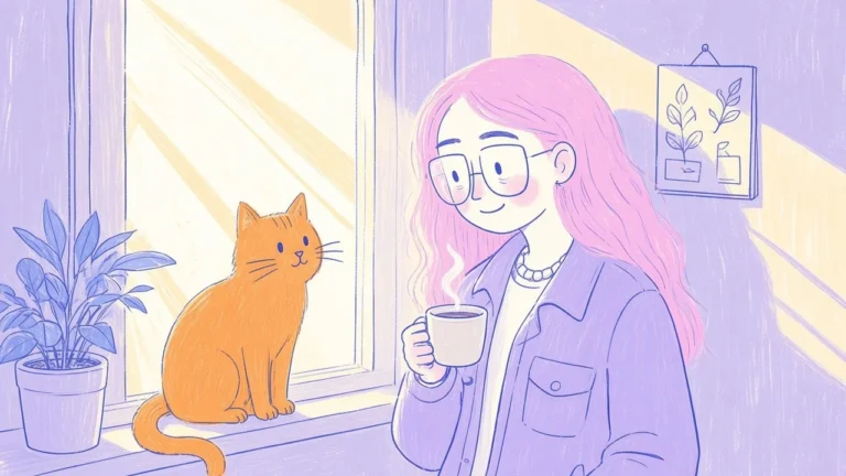 Ilustración de un gato naranja canoso sentado en una ventana soleada junto a una mujer de pelo rosa que le sonríe