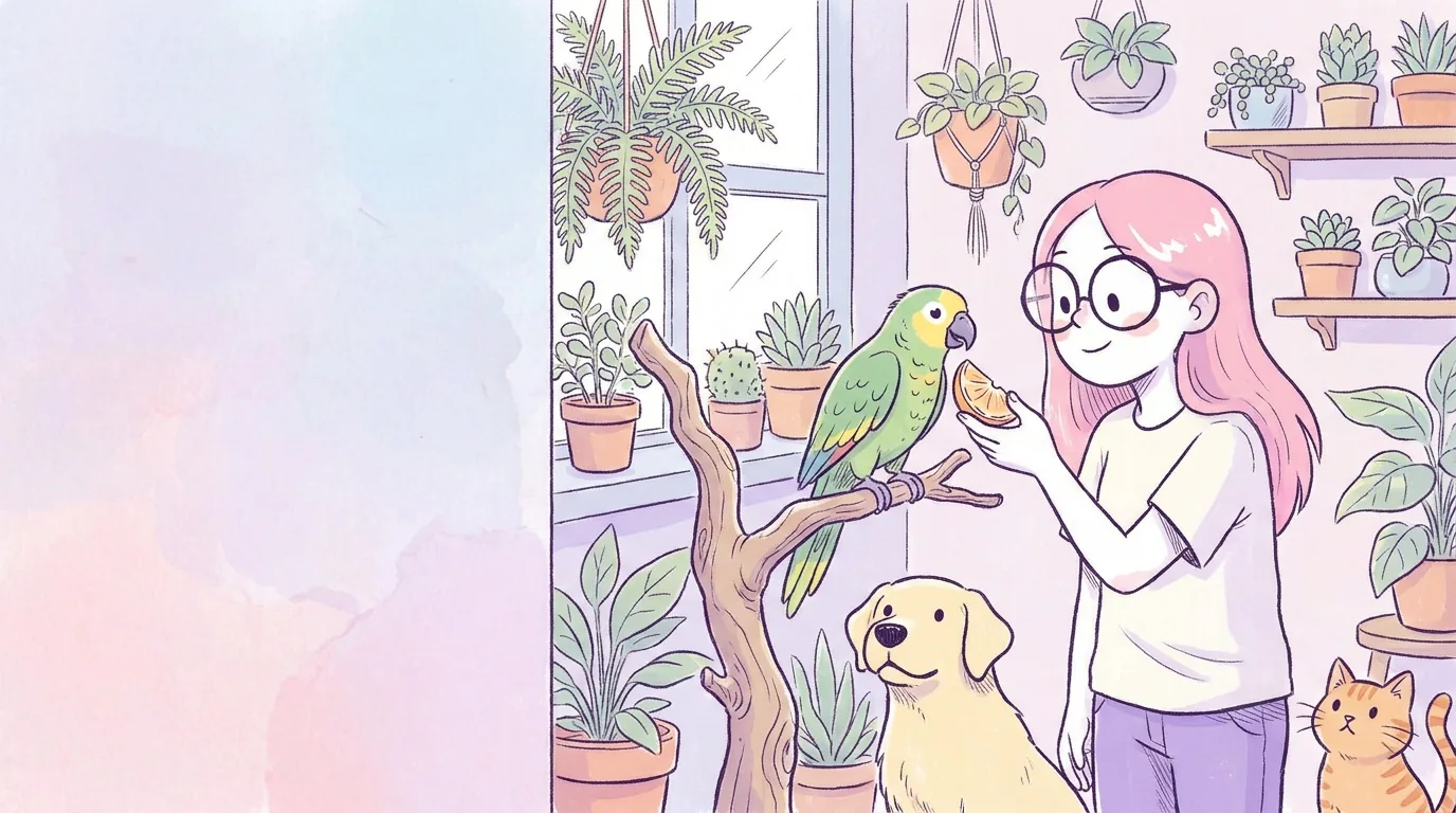 Ilustración: un loro verde con detalles amarillos posado en una percha natural junto a Mila que le ofrece fruta, en una habitación con plantas